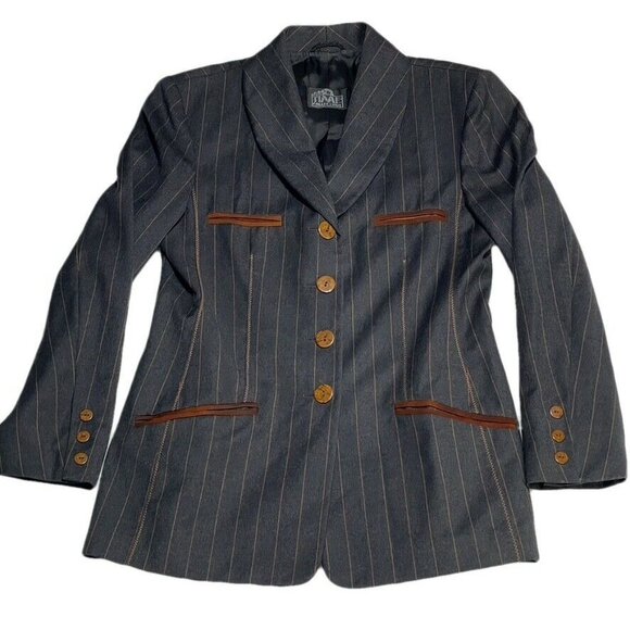 Vtg Time Collection Pinstripe Wool Blend Blazer W/ Leather Trim Pockets - Picture 11 of 11